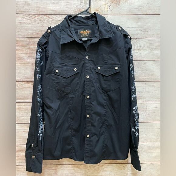 EL GENERAL WESTERN SHIRT IN BLACK WITH CROSS AND FLEUR DE LIS - Picture 1 of 8